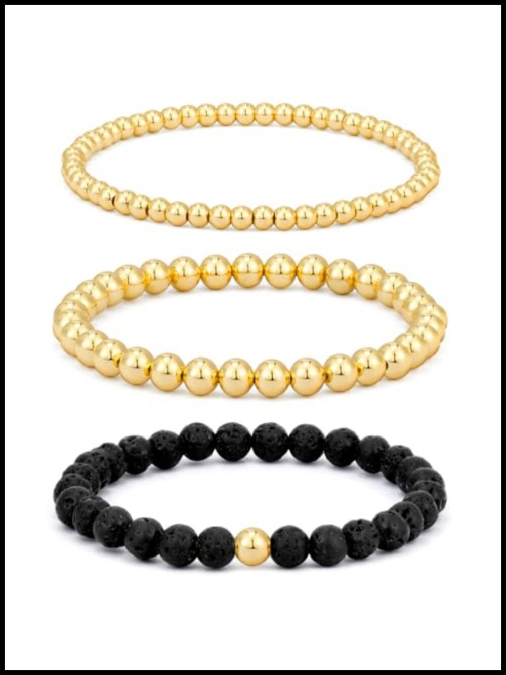Gold Plated Lava Rock Beaded Stretch Bracelet Set Stackable